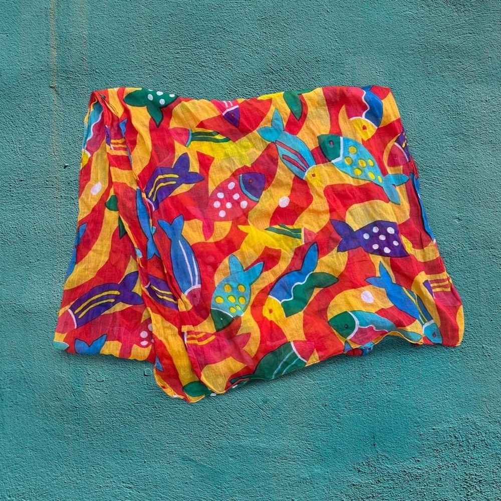 Maximalist, Whimsical Rectangular Fish Chiffon Scarf